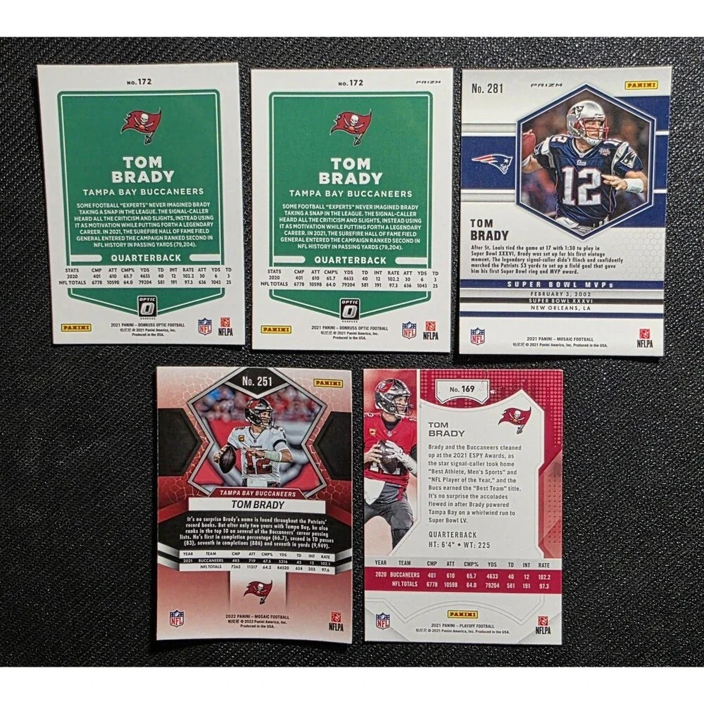Tom Brady 5 Card Lot of Panini Football Cards